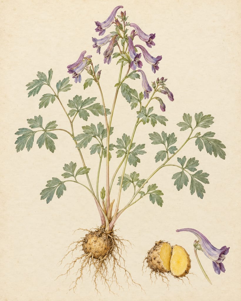 Botanical illustration of Corydalis yanhusuo — a low plant with finely divided gray-green leaves and a cluster of tubular purple spurred flowers, rising from a small round tuber with fine roots; a detail study shows the tuber cut open to a bright yellow interior beside a single flower in side view.