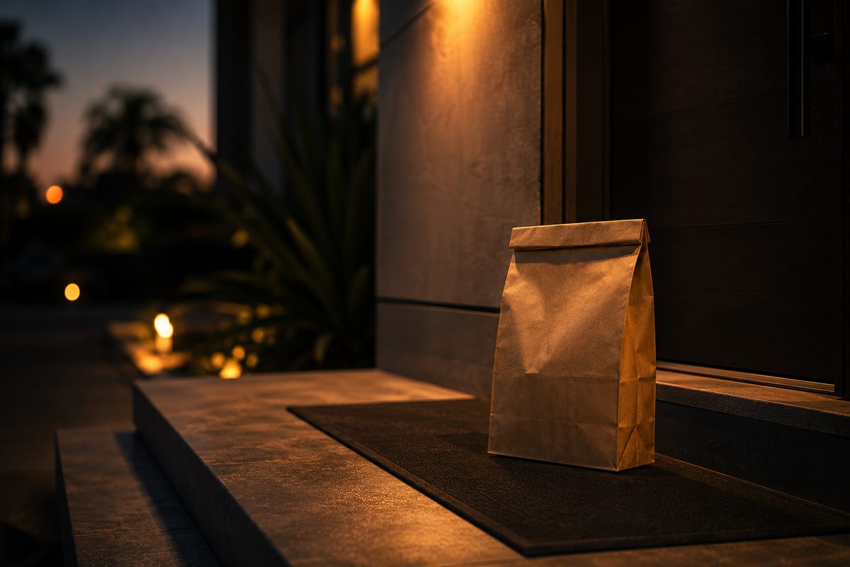 A plain, unmarked bag left at a modern front door at dusk