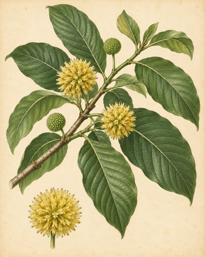 Botanical illustration of Mitragyna speciosa (kratom) — a branch with large glossy oval leaves in opposite pairs and globular flower heads, with a detail study of a single flower head.