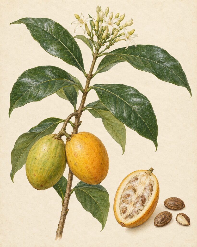 Botanical illustration of Picralima nitida (akuamma) — a branch with glossy dark-green leaves in opposite pairs, a cluster of small white star-shaped flowers at the tip, and a pair of large oval fruits ripening from green to yellow-orange; a detail study shows a fruit cut open to pale pulp packed with seeds, beside three loose brown seeds, one split open.