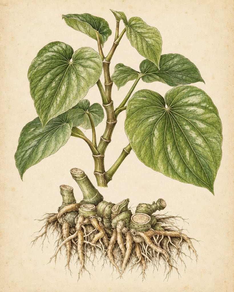 Botanical illustration of Piper methysticum (kava) — a shrub with large heart-shaped leaves on jointed stems, shown above its thick knotted rootstock and lateral roots.