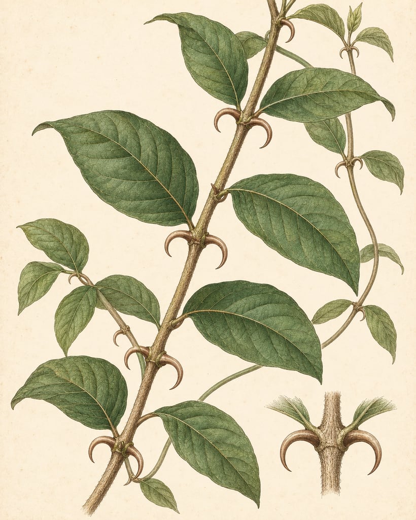 Botanical illustration of Uncaria tomentosa — a climbing vine with paired oval leaves and curved, claw-shaped thorns at each leaf node, with a detail study of a single thorn pair.